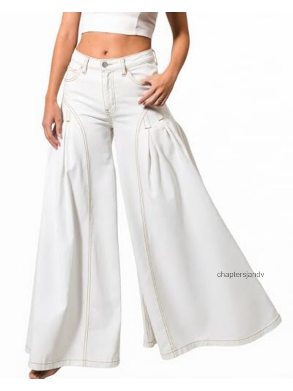 Women High Waist Bell Bottom Flare Jeans Stretch Wide Leg Pleated Denim Pants